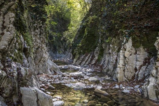 The Kuapse river in the Mamedov gorge is a tourist route. Landmark Lazarevsky district of Sochi, Russia. 4 November 2019.