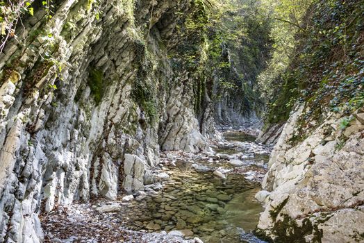 The Kuapse river in the Mamedov gorge is a tourist route. Landmark Lazarevsky district of Sochi, Russia. 4 November 2019.