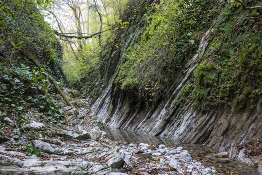 The Kuapse river in the Mamedov gorge is a tourist route. Landmark Lazarevsky district of Sochi, Russia. 4 November 2019.