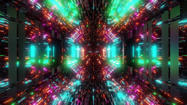 futuristic reflective scifi tunnel with glowing holy christian cross 3d illustration background wallpaper, modern future corridor 3d rendering with christian symbol