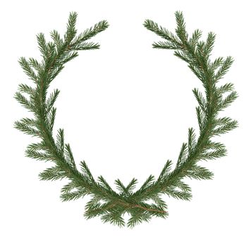 Christmas decoration. Fir twigs as wreath on white background