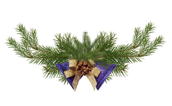 Christmas decoration. Fir twigs as border with Christmas bell on white background