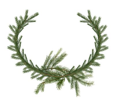 Christmas decoration. Fir twigs as wreath on white background