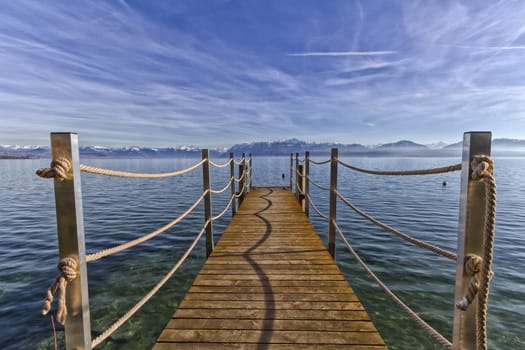 beautiful landscape from the edge of lake blue leman in switzerland