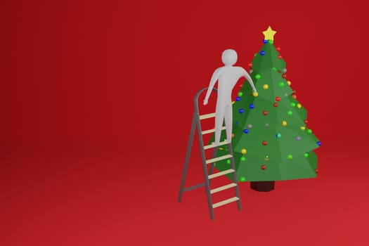 man decorating the Christmas tree with colored balls. Christmas concept