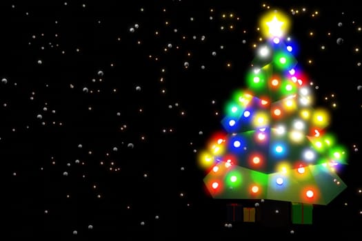 Christmas tree with lights and boxes of gifts. Christmas concept