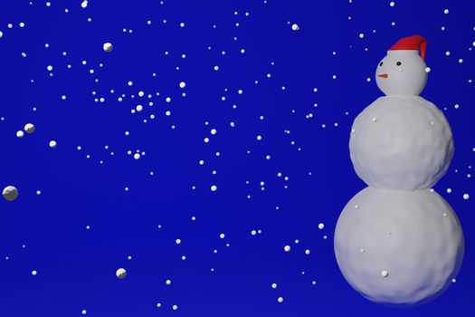 snow falling on a snowman with a santa's hat.Christmas concept