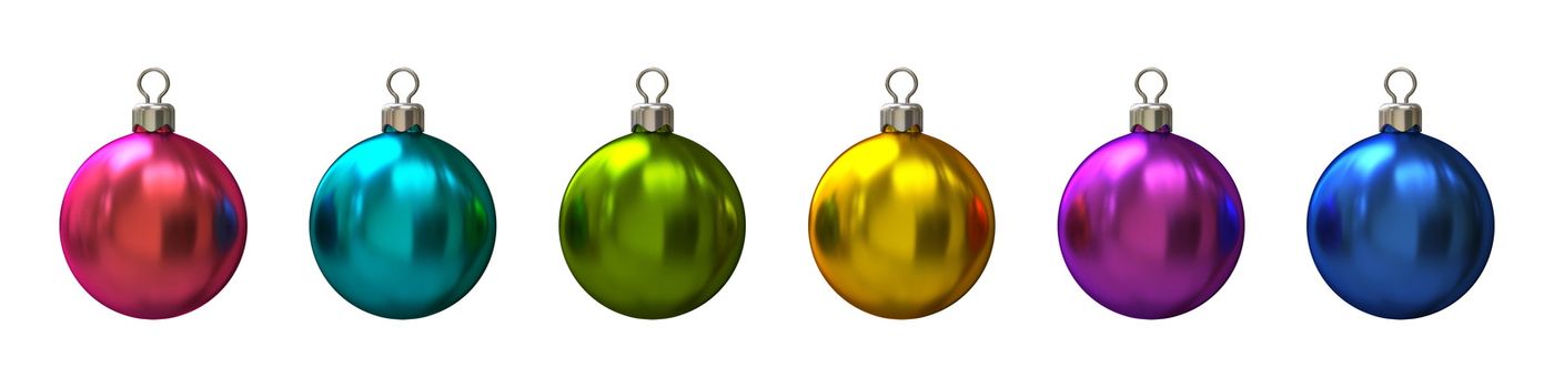 Set of six colorful Christmas balls 3D render illustration isolated on white background