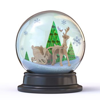 Snow ball with forest, reindeer and wooden sledge 3D render illustration isolated on white background