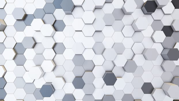 Abstract 3D illustration of colorful hexagons background. Random displacement. Good background