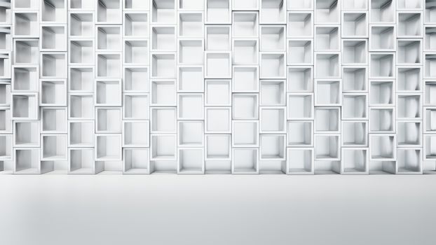 Empty white interior with cube shelves on the wall, 3D rendering