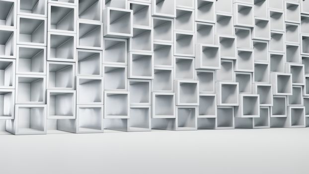 Empty white interior with cube shelves on the wall, 3D rendering