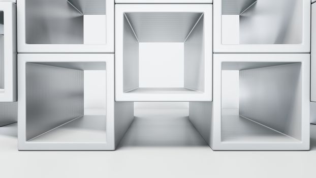 Empty white interior with cube shelves on the wall, 3D rendering