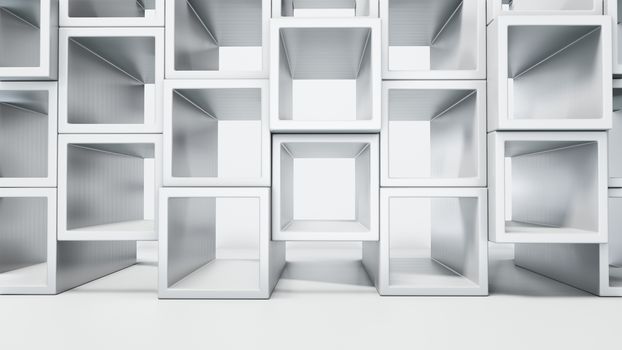 Empty white interior with cube shelves on the wall, 3D rendering