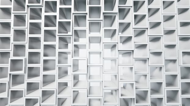 Empty white interior with cube shelves on the wall, 3D rendering