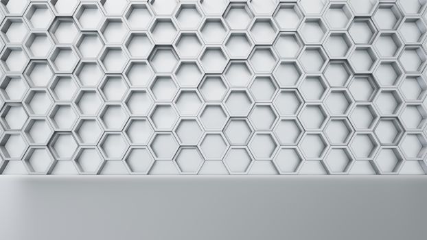 Empty white interior with hexagon shelves on the wall, 3D rendering