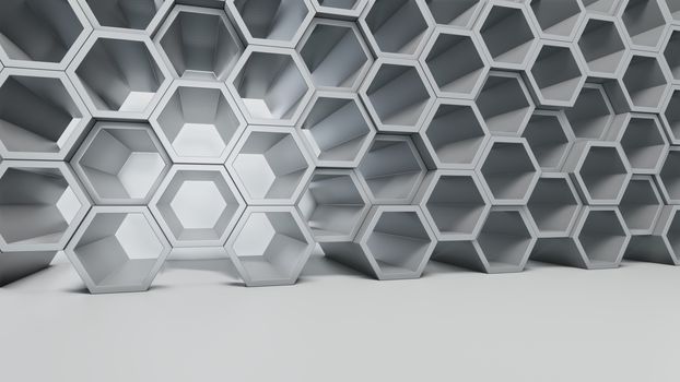 Empty white interior with hexagon shelves on the wall, 3D rendering