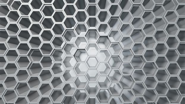 Empty white interior with hexagon shelves on the wall, 3D rendering