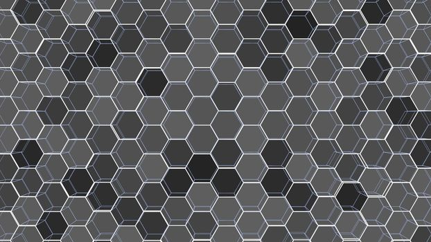 Abstract background of colorful outline hexagons. 3D illustration. Wire-frame style.