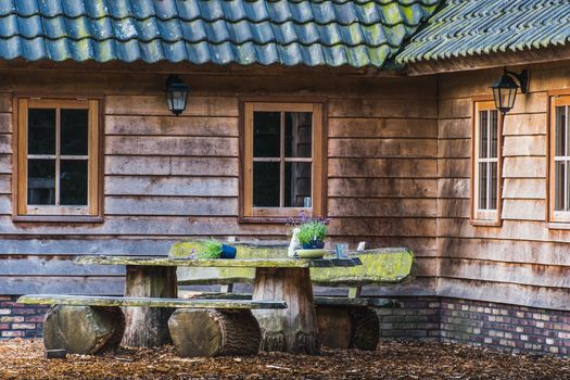 Old rustic table and charming wooden house in the middle of a lavender field