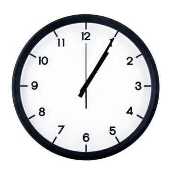 Classic analog clock pointing at one O five, isolated on white background.
