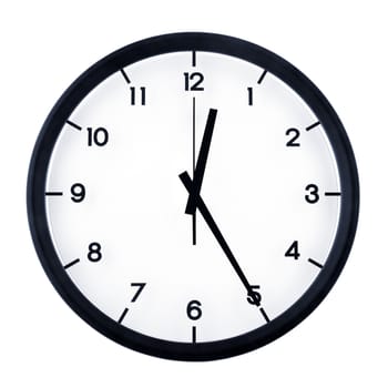 Classic analog clock pointing at twelve twenty five, isolated on white background.