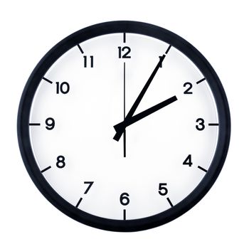 Classic analog clock pointing at two O five, isolated on white background.