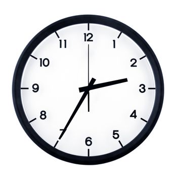 Classic analog clock pointing at two thirty five, isolated on white background.