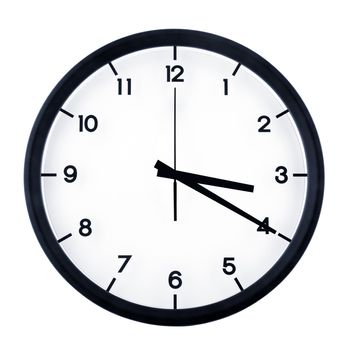 Classic analog clock pointing at three twenty, isolated on white background.