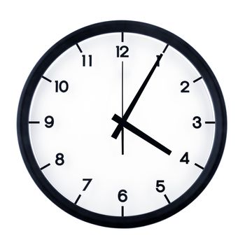 Classic analog clock pointing at four O five, isolated on white background.