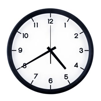 Classic analog clock pointing at four forty, isolated on white background.