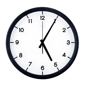 Classic analog clock pointing at five O five, isolated on white background.