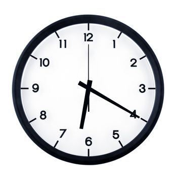 Classic analog clock pointing at six twenty, isolated on white background.