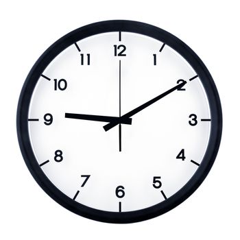 Classic analog clock pointing at nine ten, isolated on white background.