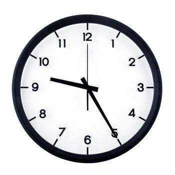 Classic analog clock pointing at nine twenty five, isolated on white background.