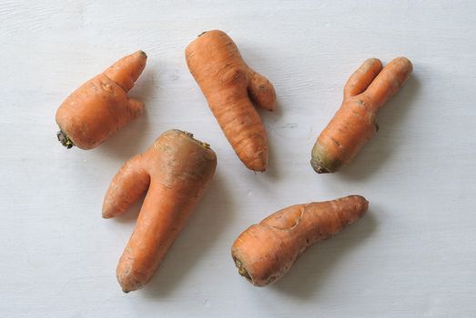 Carrots of different imperfect shapes. Ugly vegetables concept on white background with shadow