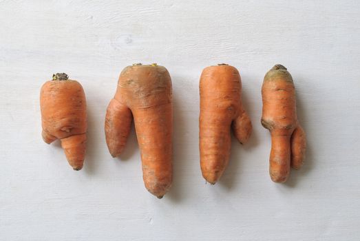 Carrots of different imperfect shapes. Ugly vegetables concept on white background with shadow