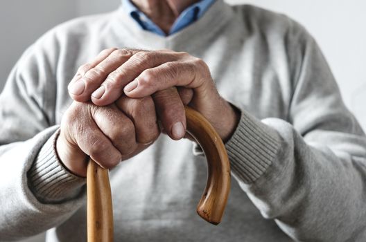 Close up details of the folded hands of an elderly man resting on a walking cane in a mobility and health concept