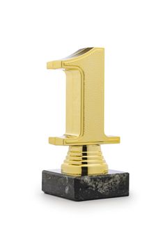 Winner or Champion 1st place metallic gold trophy on white in the form of the number one on a plinth