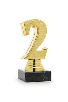 2nd place winners gold trophy with gold number two mounted on a base isolated on white with copy space