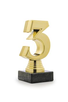 3rd place Runners Up gold trophy isolated on white in the form of a metallic number one mounted on a plinth for the third placed contestant