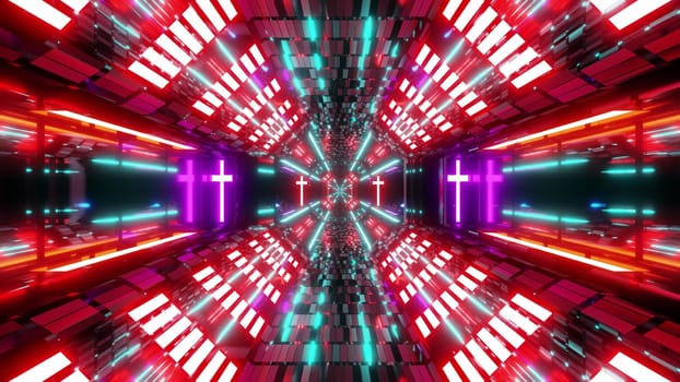 glowing futuristic scifi tunnel corridor with holy glowing christian cross symbol 3d illustration background wallpaper, nice textured sci-fi hangar 3d rendering design