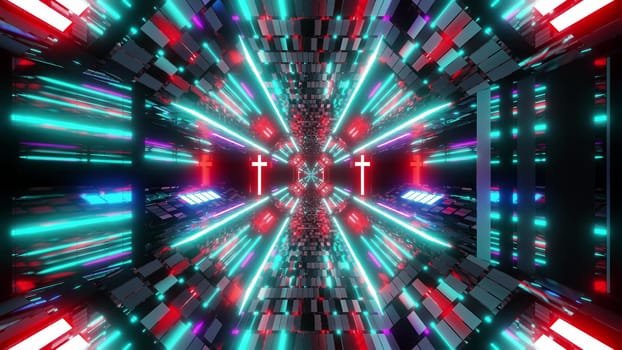 glowing futuristic scifi tunnel corridor with holy glowing christian cross symbol 3d illustration background wallpaper, nice textured sci-fi hangar 3d rendering design