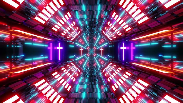 glowing futuristic scifi tunnel corridor with holy glowing christian cross symbol 3d illustration background wallpaper, nice textured sci-fi hangar 3d rendering design