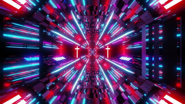 glowing futuristic scifi tunnel corridor with holy glowing christian cross symbol 3d illustration background wallpaper, nice textured sci-fi hangar 3d rendering design