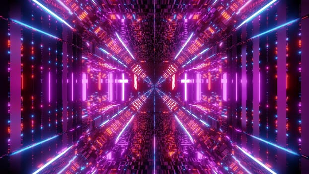 high reflective bricks textured futuristic sc-fi tunnel corridor with holy glowing christian cross symbol 3d rendering wallpaper background, technical textured scifi hangar with endless lights 3d illustration