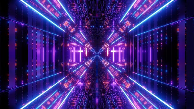 high reflective bricks textured futuristic sc-fi tunnel corridor with holy glowing christian cross symbol 3d rendering wallpaper background, technical textured scifi hangar with endless lights 3d illustration