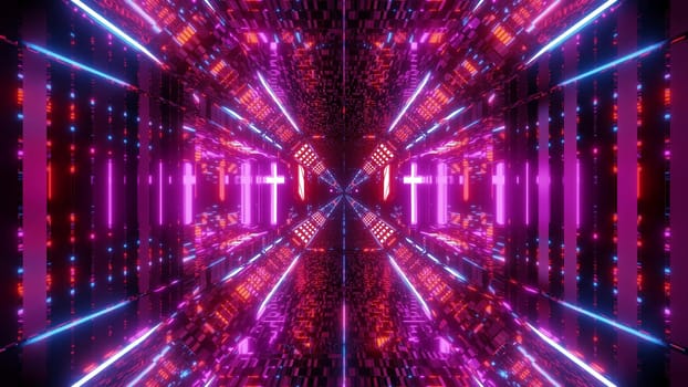 high reflective bricks textured futuristic sc-fi tunnel corridor with holy glowing christian cross symbol 3d rendering wallpaper background, technical textured scifi hangar with endless lights 3d illustration