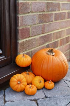 Collection of mini pumpkins and a large orange pumpkin on a front door step as a Thanksgiving decoration