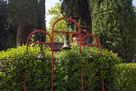 Three bells in the Orthodox monastery Moni Agiou Ioanni Theologou, Greece. In the village of Vagia, near Thebes, is the post-Byzantine monastery of Saint John Theologos.